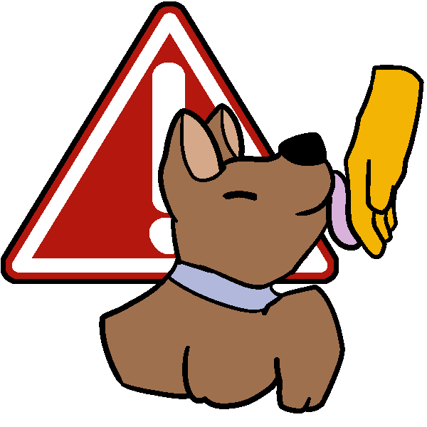 A big red and white hazard triangle, with a happy dog licking a hand in front of it.